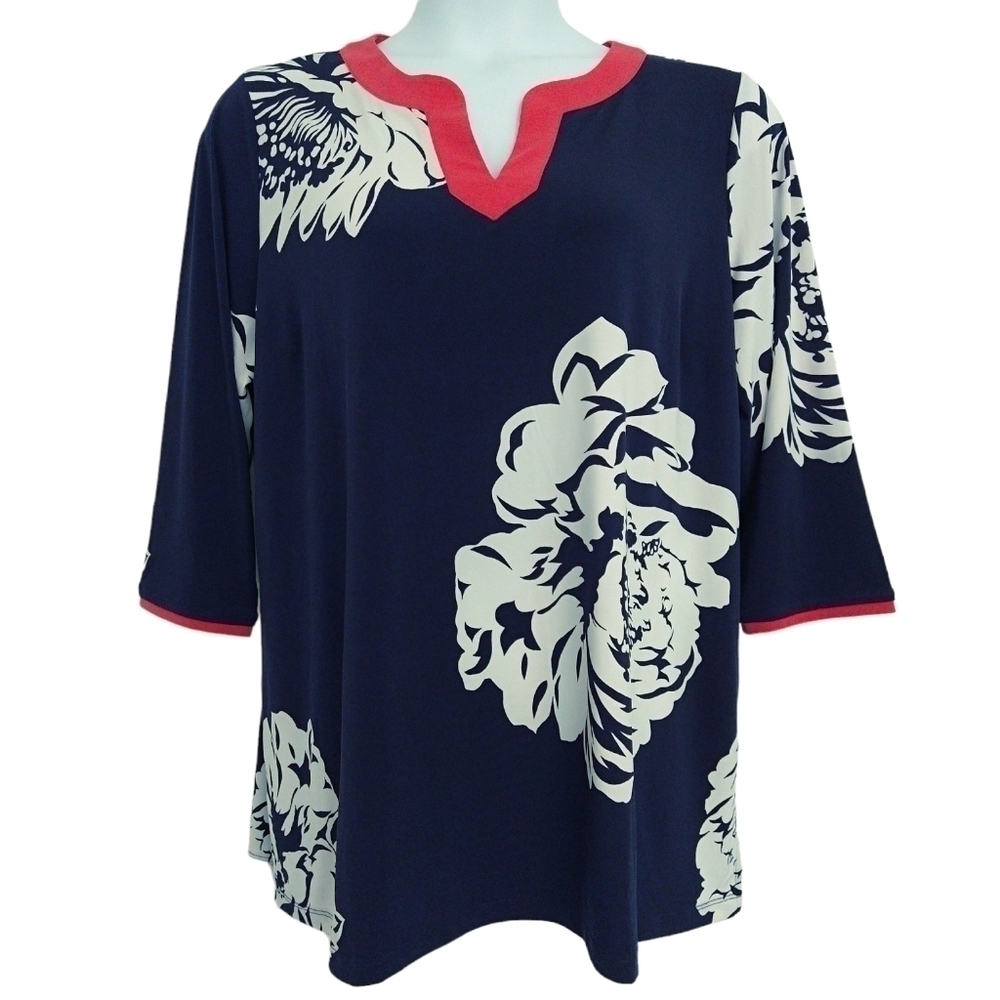 Susan Graver Navy Blue Floral Split Neck 3/4 Sleeve Tunic Contrast Trim Stretchy